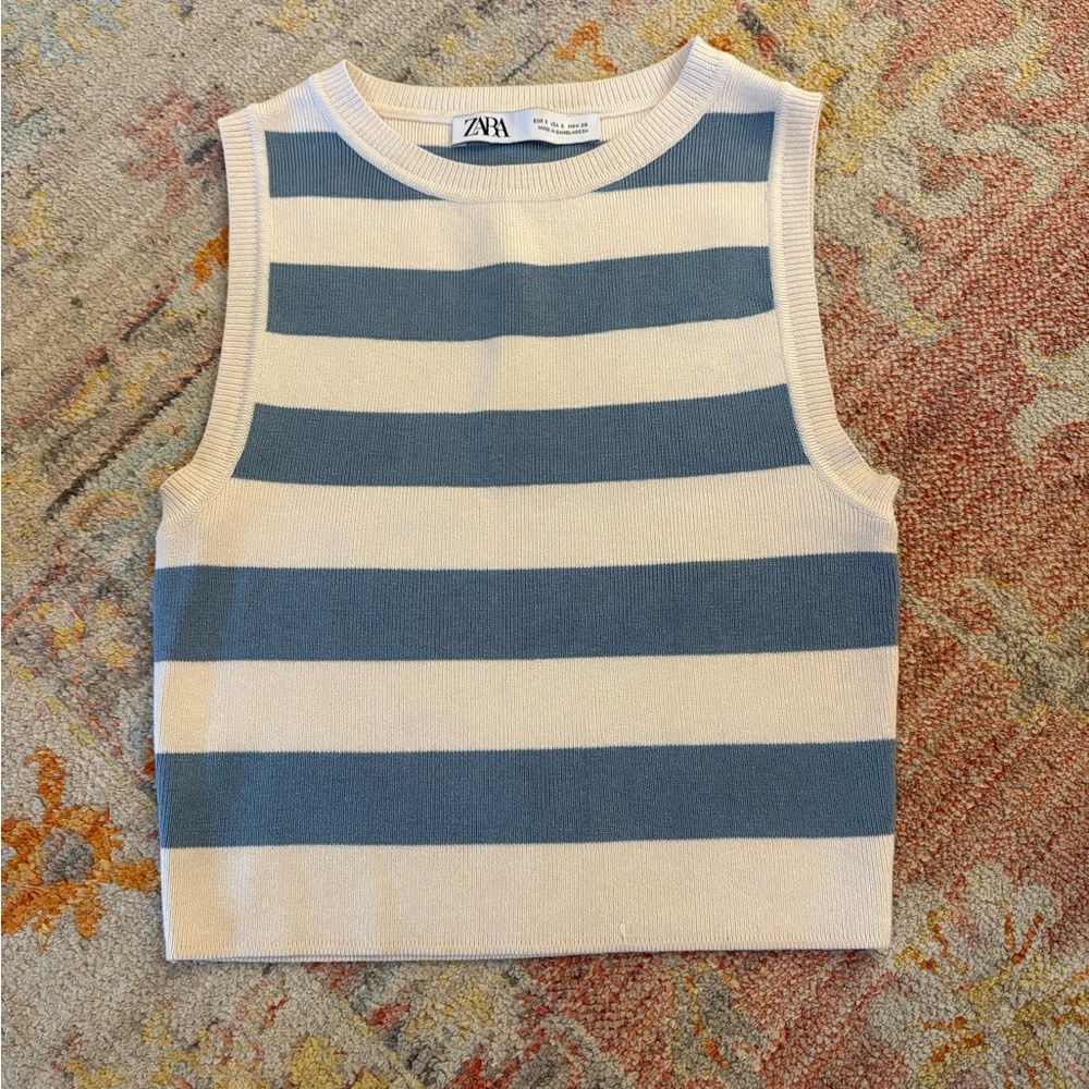 Zara White and Blue Striped Knit Top